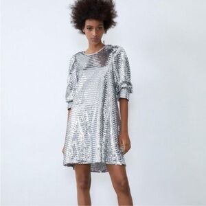 Zara NWT Metallic Sequin Silver Mini Dress With Puffer Sleeves Size XS
